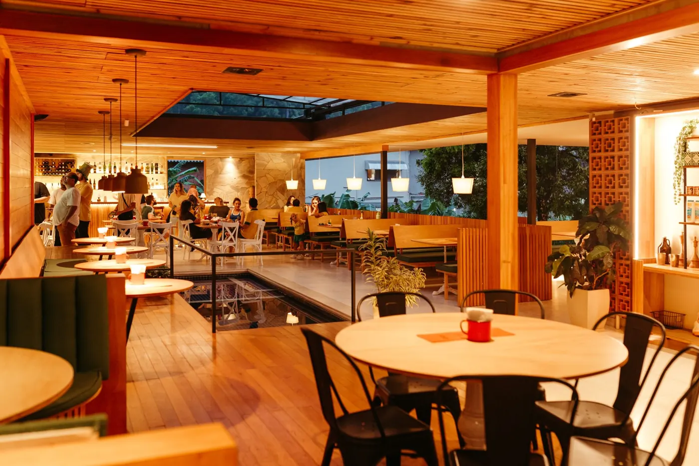 A restaurant dining room in evening service